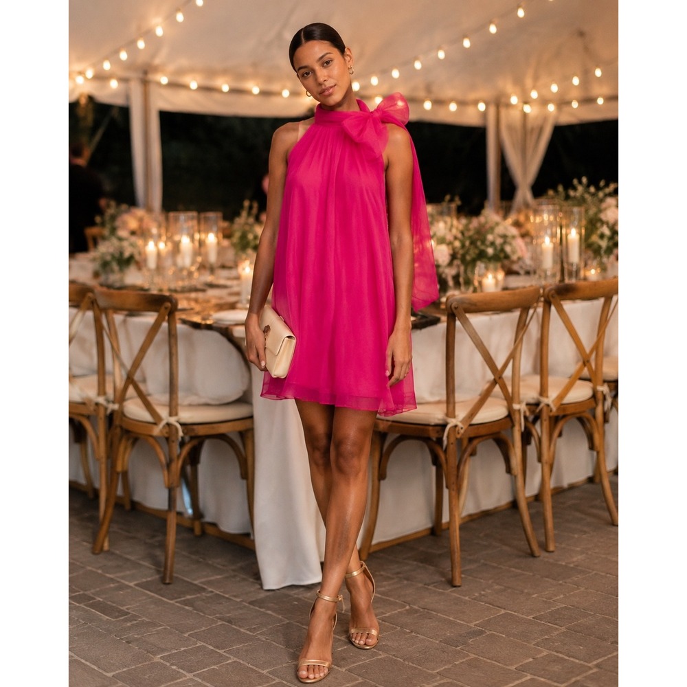 NWT Sugarlips Deluxe Dime Hot Pink Organza Overlay Halter Mini Dress Size M